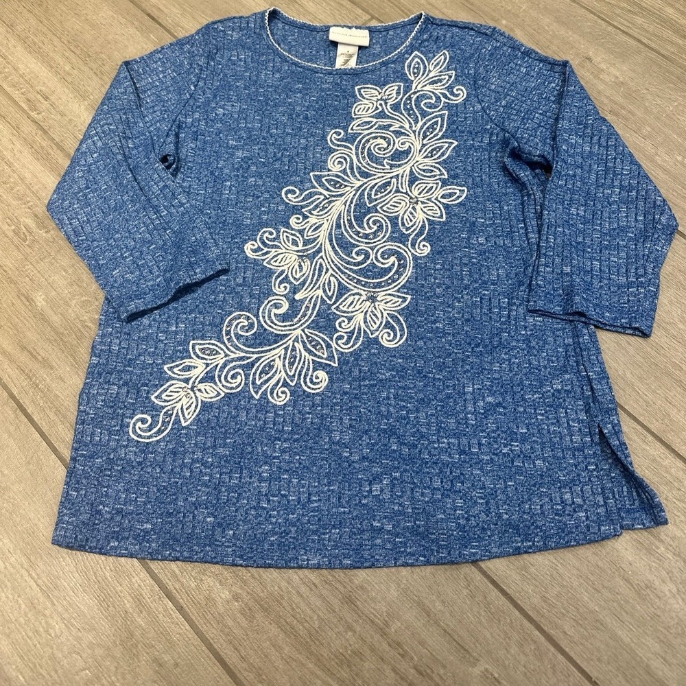 ALRED DUNNER MONTANA SKY Ribbed Knit Diagonal Scroll Top S